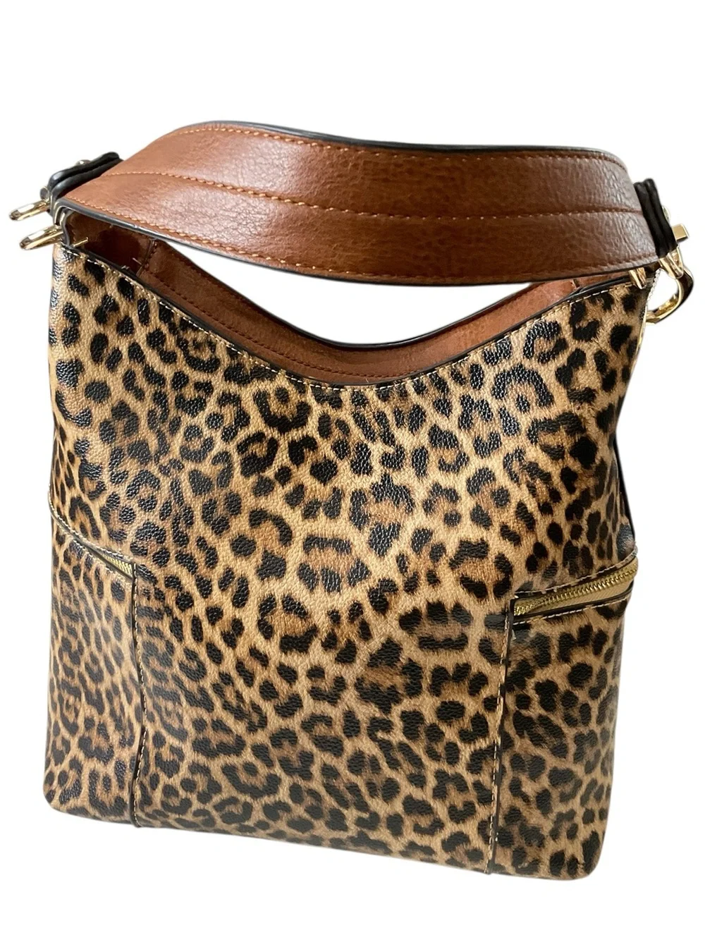 Jen & Co Leopard Print Hobo Bag with Tassel Zips - Brown